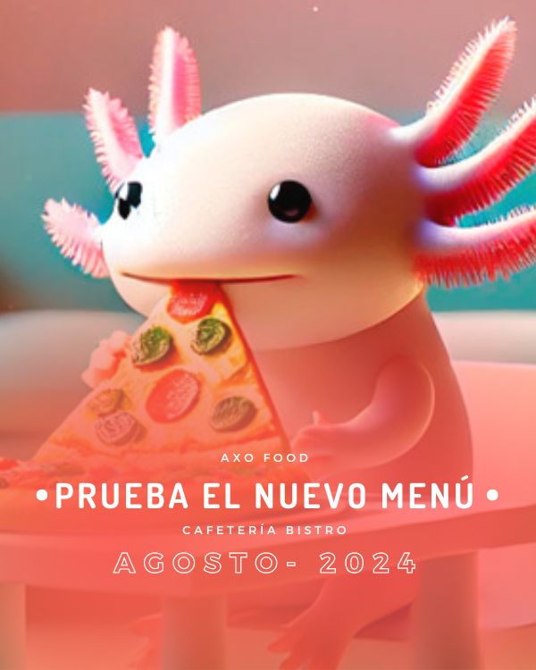 Banner con una lustracion de un ajolote comiendo pizza en una cafeteria